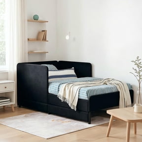 YYAo Futon Sofa Bed, Futon Couch, Twin Size Upholstered Platform Bed Frame with 2 Storage Drawers, Black