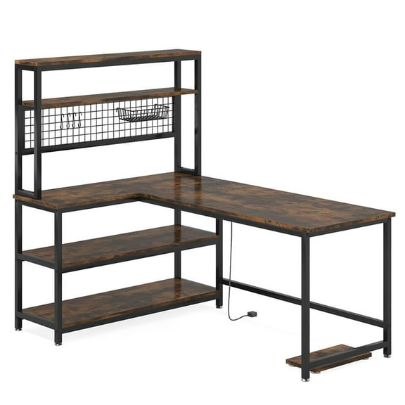 YYAo Gaming Desk, Computer Desk,55" Reversible L-Shaped Desk with Wireless Charging & Shelves,Brown
