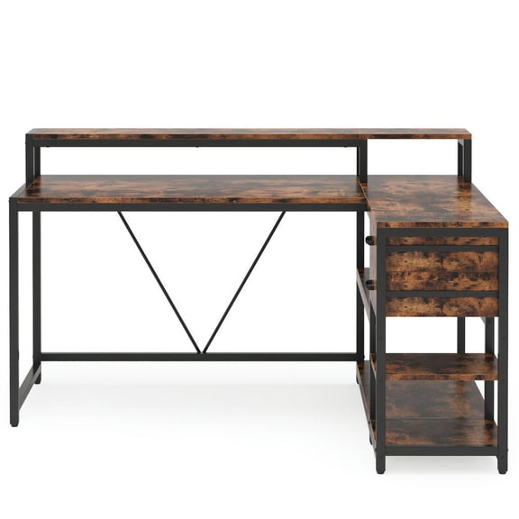 YYAo Gaming Desk, Computer Desk,Reversible L-Shaped Desk, Industrial Corner Desk with Drawer & Shelves,Rustic Brown