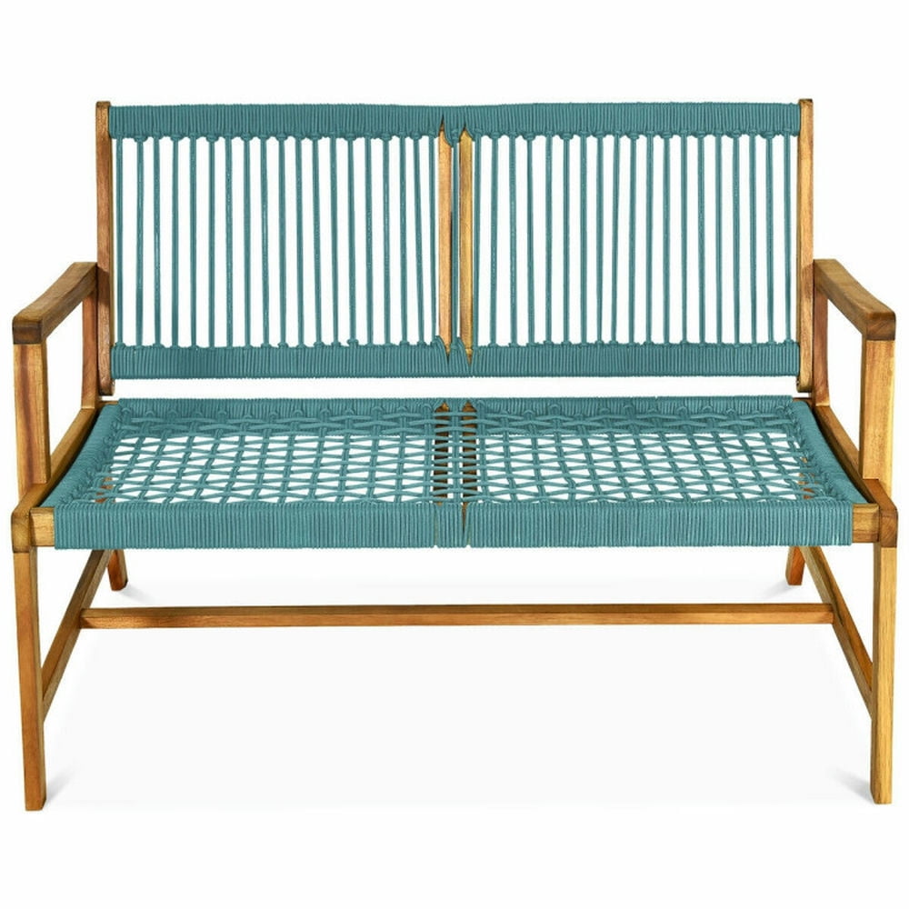 Turquoise Acacia Wood and Rope 2-Person Outdoor Bench