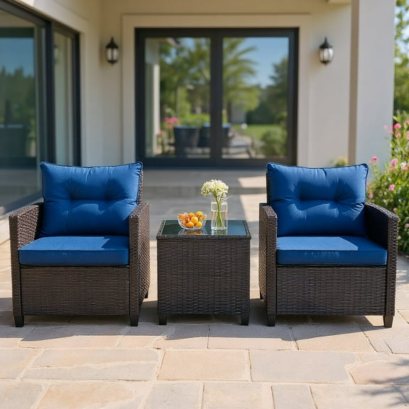 YYAo Garden Conversation Table Set, Conversation Loveseat Chairs Set, 3 Pcs Patio Rattan Furniture Set Cushioned Conversation Set Coffee Table-Navy