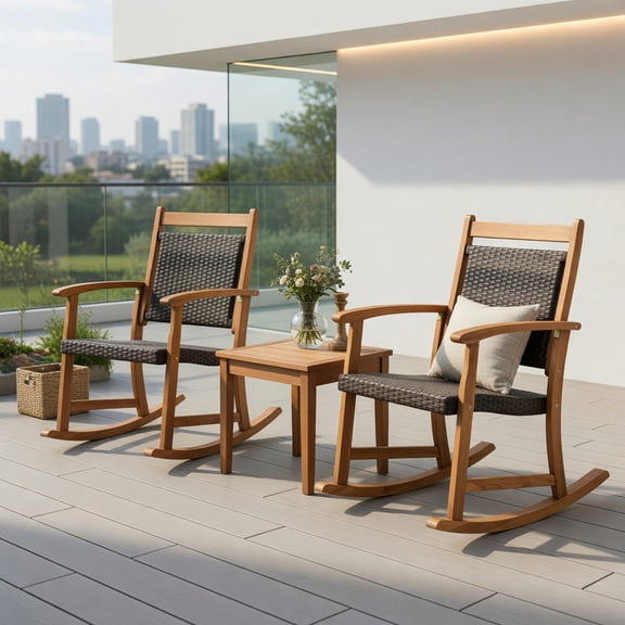 YYAo Garden Conversation Table Set, Conversation Loveseat Chairs Set, 3 Pieces Acacia Wood Patio Rocking Chair Set with Side Table