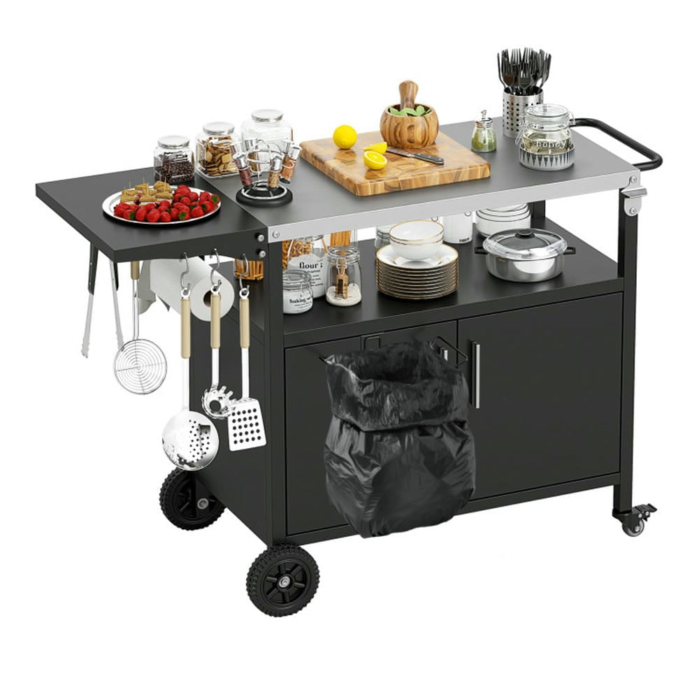 Black and Silver Outdoor Grill Cart with Folding Stainless Steel Top