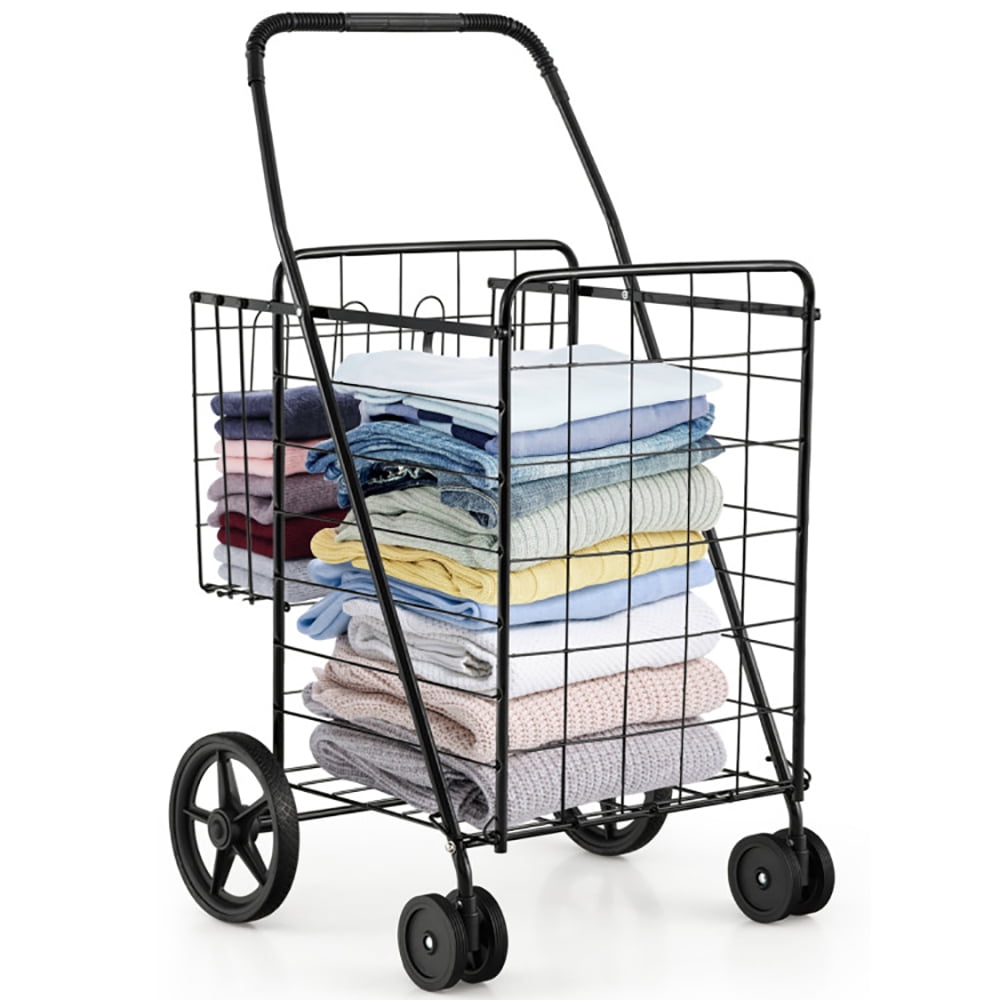 YYAo Grocery Shopping Cart, Utility Cart, Trolley Cart, Folding Shopping Cart for Laundry with Swiveling Wheels and Dual Storage Baskets-Black YYAo Grocery Shopping Cart, Utility Cart, Trolley Cart, Folding Shopping Cart for Laundry with Swiveling Wheels and Dual Storage Baskets-Black