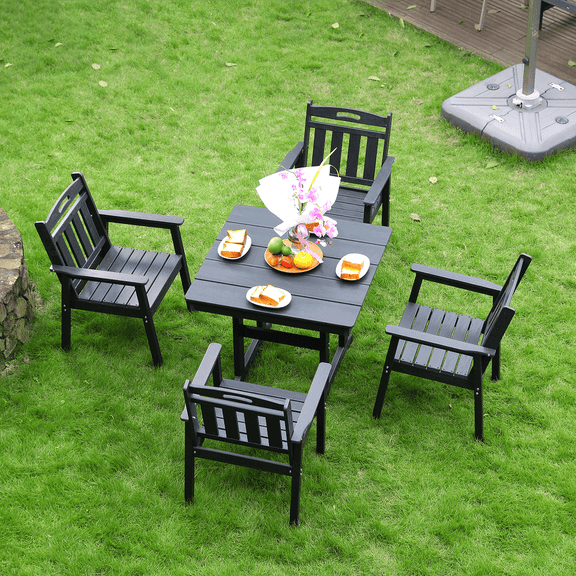 YYAo HDPE Outdoor Patio Dining Set One Table Four Chairs, Dining Set for Lawns, Gardens, Backyards, Pool Sides, Patio Dining Set Sunshade Holes Waterproof, Black