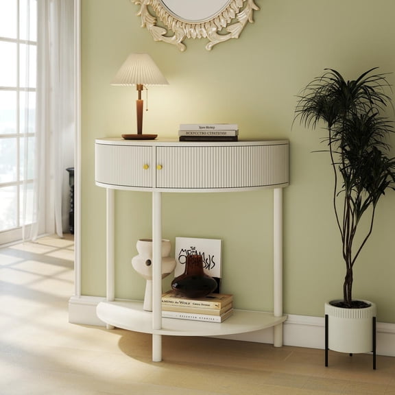 YYAo Half Moon Console Table with Wave Design, Cream Finish Demi-Lune End Table, Features 2 Storage Drawers and Bottom Shelf for Living Room, Bedroom, Hallway, White