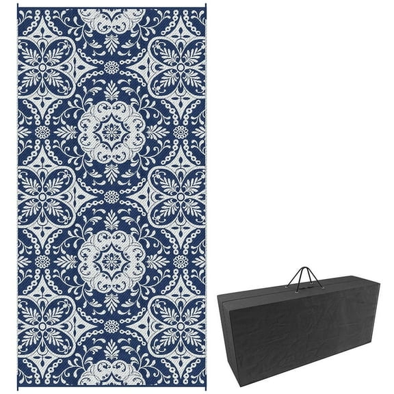 YYAo Indoor Rugs,Indoor Door Mat,Reversible Outdoor Rug, 9'x 18' Waterproof Straw Floor Mat, Portable RV Camping Carpet,Blue & White Floral