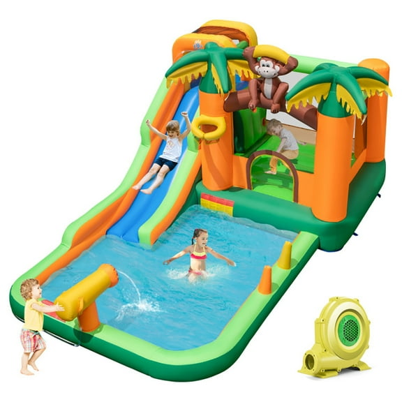 YYAo Inflatable Bouncer,Bounce House,Monkey-Themed Inflatable Water Slide with Jumping Area and Pool with 680W Blower