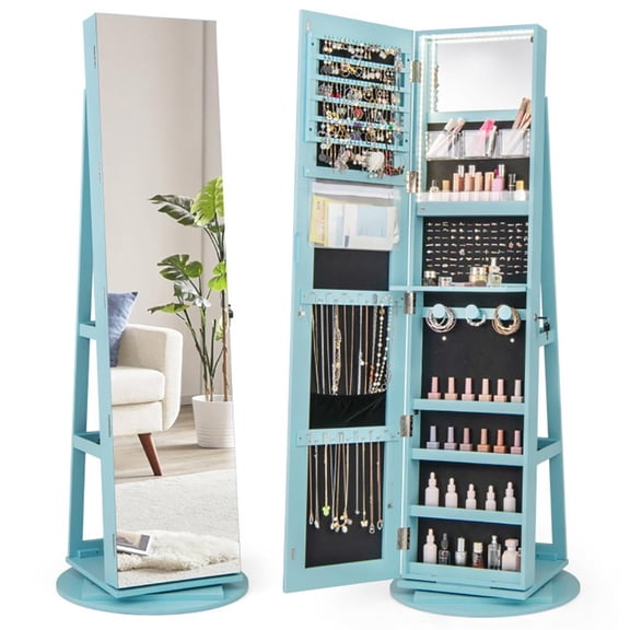 YYAo Jewelry Amoire Cabinet, Jewelry Chest Jewelry Boxes,360° Rotating Mirrored Jewelry Cabinet Armoire 3 Color LED Modes Lockable-Blue