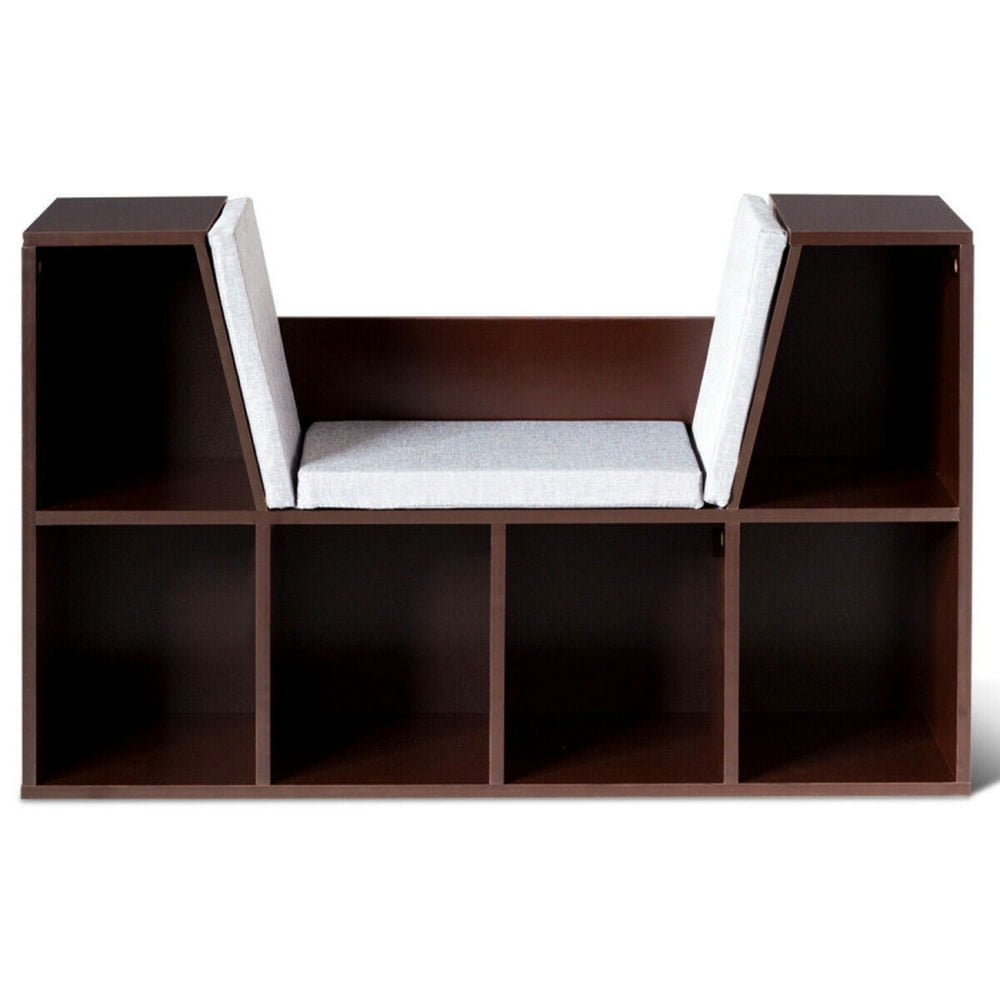 Brown 6-Cubby Kid Storage Bookcase with Cushioned Reading Nook