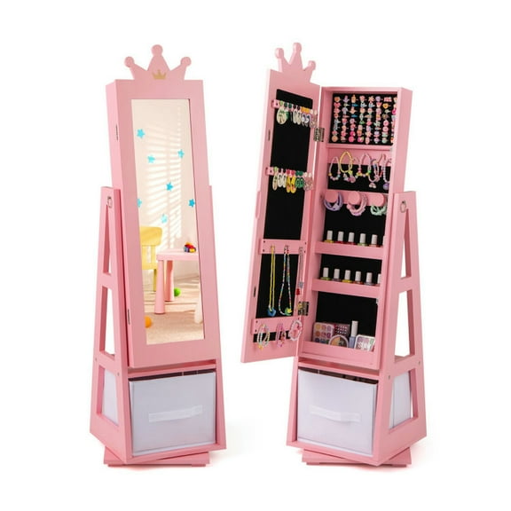 YYAo Kids Jewelry Armoire Cabinet, Jewelry Organizer, Children Dress Up Jewelry Cabinet,Kids Jewelry Armoire Cabinet with Large Storage Capacity and Swivel Base-Pink