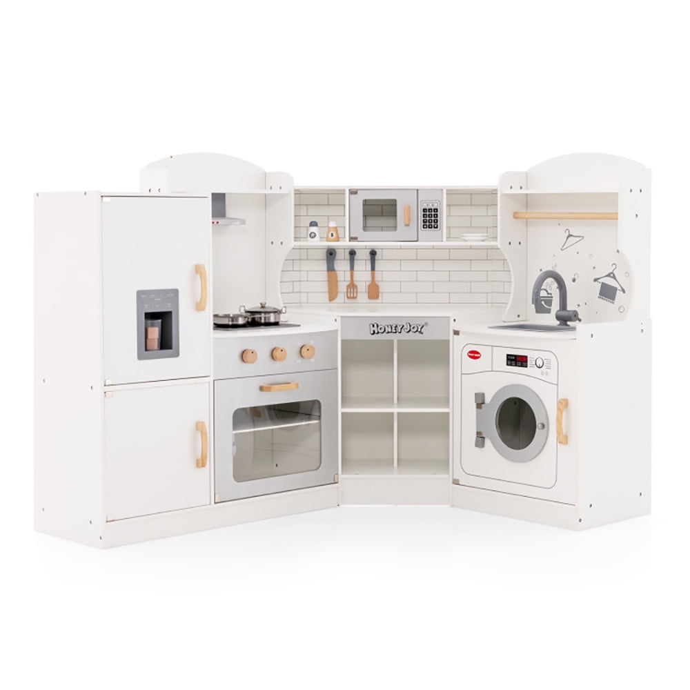 White Wooden Corner Kids Play Kitchen with Appliances
