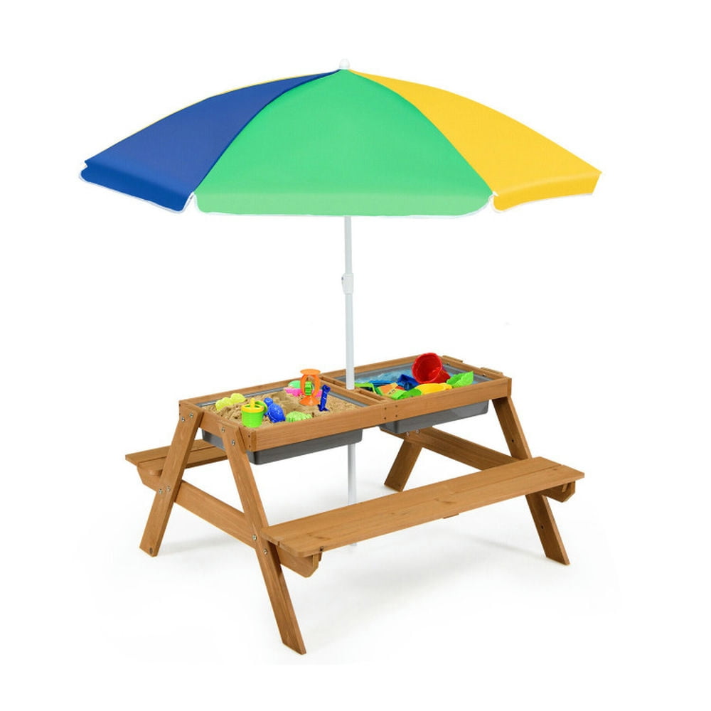 YYAo Kids Outdoor Picnic Table and Benches,3-in-1 Kids Outdoor Picnic Water Sand Table with Umbrella Play Boxes-Yellow