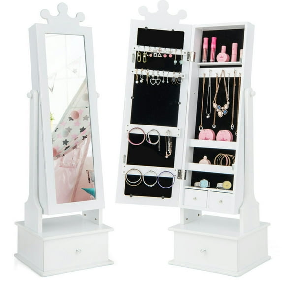 YYAo Kids Vanity Set, Kids Vanity Table Chair Vanity Set,2-in-1 Kids Play Jewelry Armoire with Full Length Mirror and Drawers-White