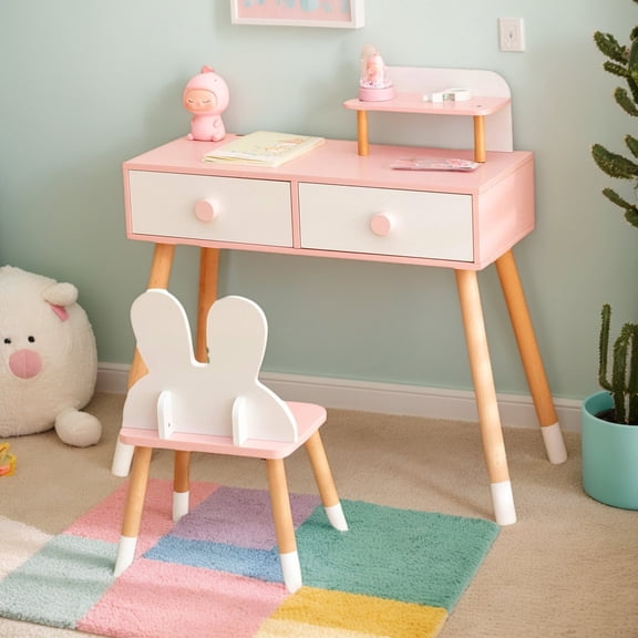 YYAo Kids Vanity Set, Kids Vanity Table Chair Vanity Set,Kids Vanity Table and Chair Set with Drawer Shelf and Rabbit Mirror-White