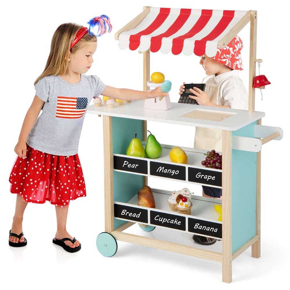 YYAo Kids Wooden Ice Cream Cart with Chalkboard and Storage YYAo Kids Wooden Ice Cream Cart with Chalkboard and Storage