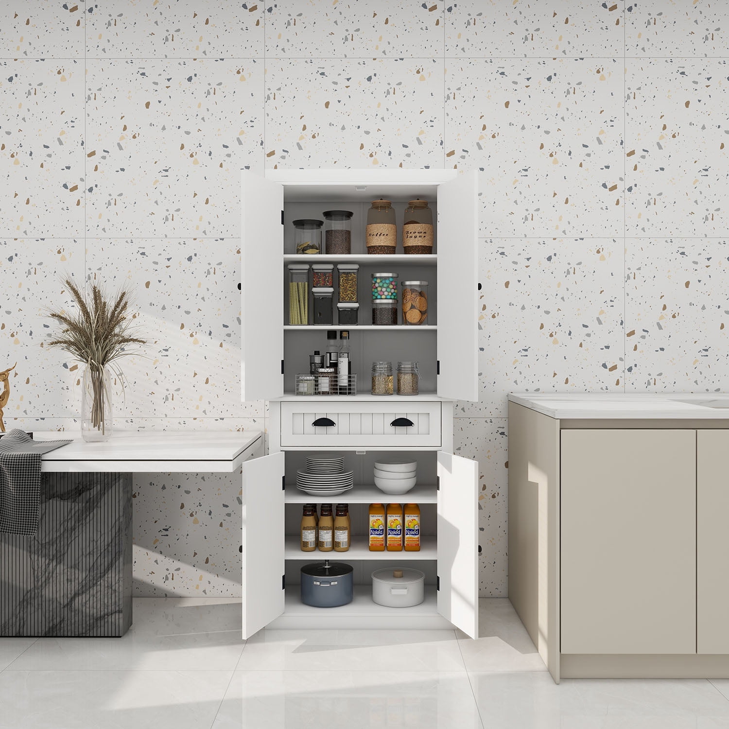 White Freestanding Storage Cabinet with Adjustable Shelves and Drawer
