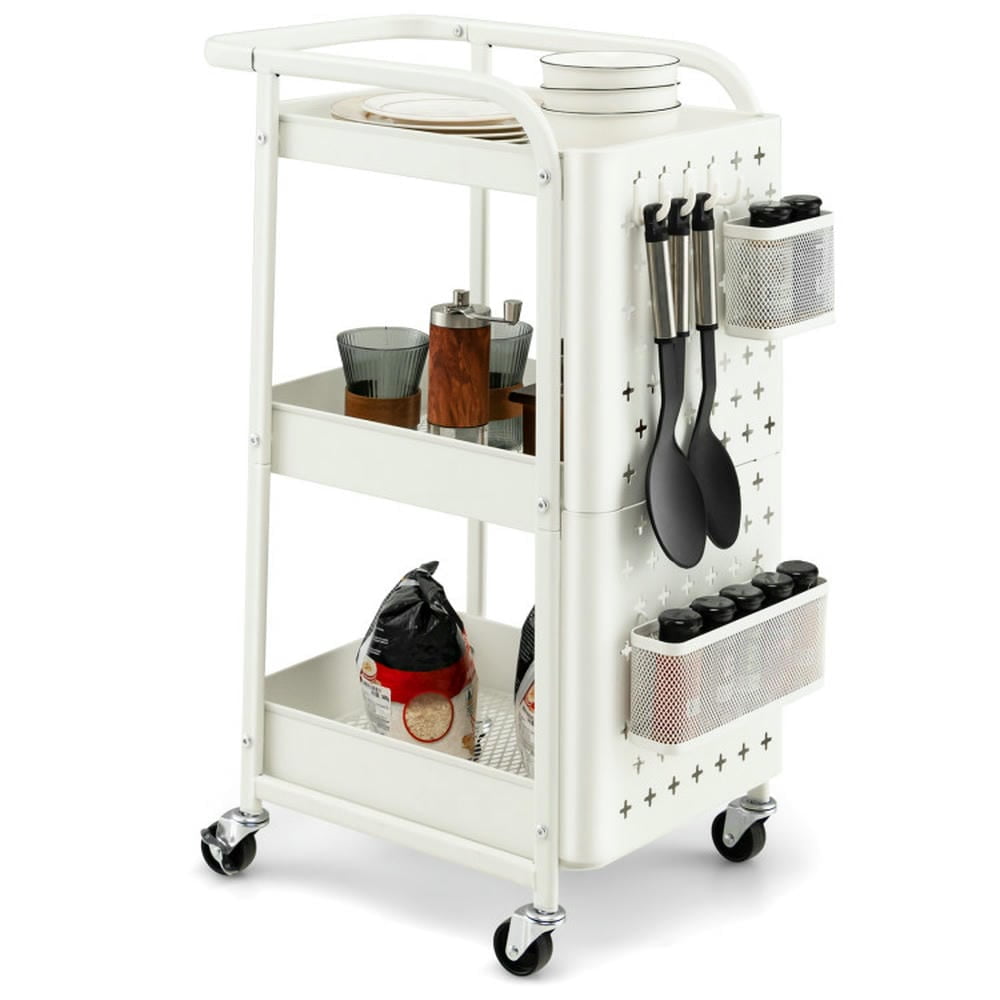 White Powder-Coated Carbon Steel 3-Tier Utility Storage Cart with Pegboard Baskets