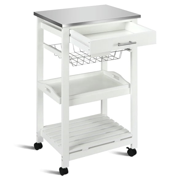 YYAo Kitchen Storage Island, Kitchen Cart,Kitchen Island Cart with Stainless Steel Tabletop and Basket-White