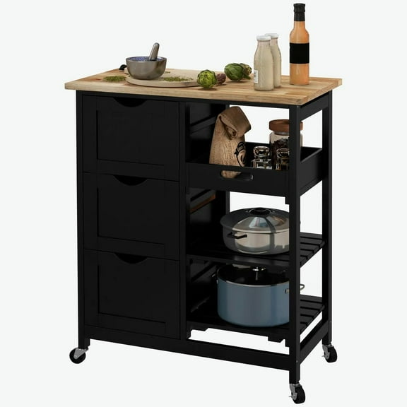 YYAo Kitchen Storage Island, Kitchen Cart,Rolling Kitchen Cart, Kitchen Island with Shelves & Drawers for Dining Area, Black