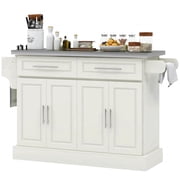 YYAo Kitchen Storage Island, Kitchen Cart,Rolling Kitchen Island with Stainless Steel Top, 2 Drawers, Spice, Knife and Towel Rack and Cabinets, Cream White