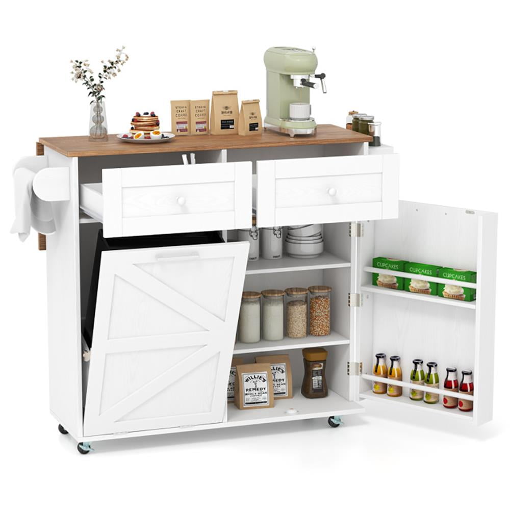 YYAo Kitchen Storage Island, Kitchen Cart,Rolling Kitchen Island with Trash Can Cabinet and Rubber Universal Wheels-White