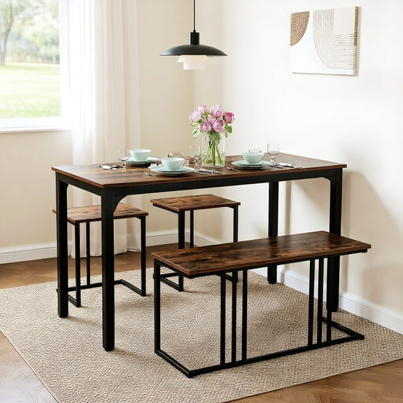 YYAo Kitchen Table Set, Dining Room Table Set,4 Pieces Industrial Dining Table Set with Bench and 2 Stools-Brown