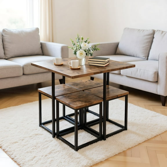 YYAo Kitchen Table Set, Dining Room Table Set,5 Pieces Metal Frame Dining Set with Compact Dining Table and 4 Stools -Walnut