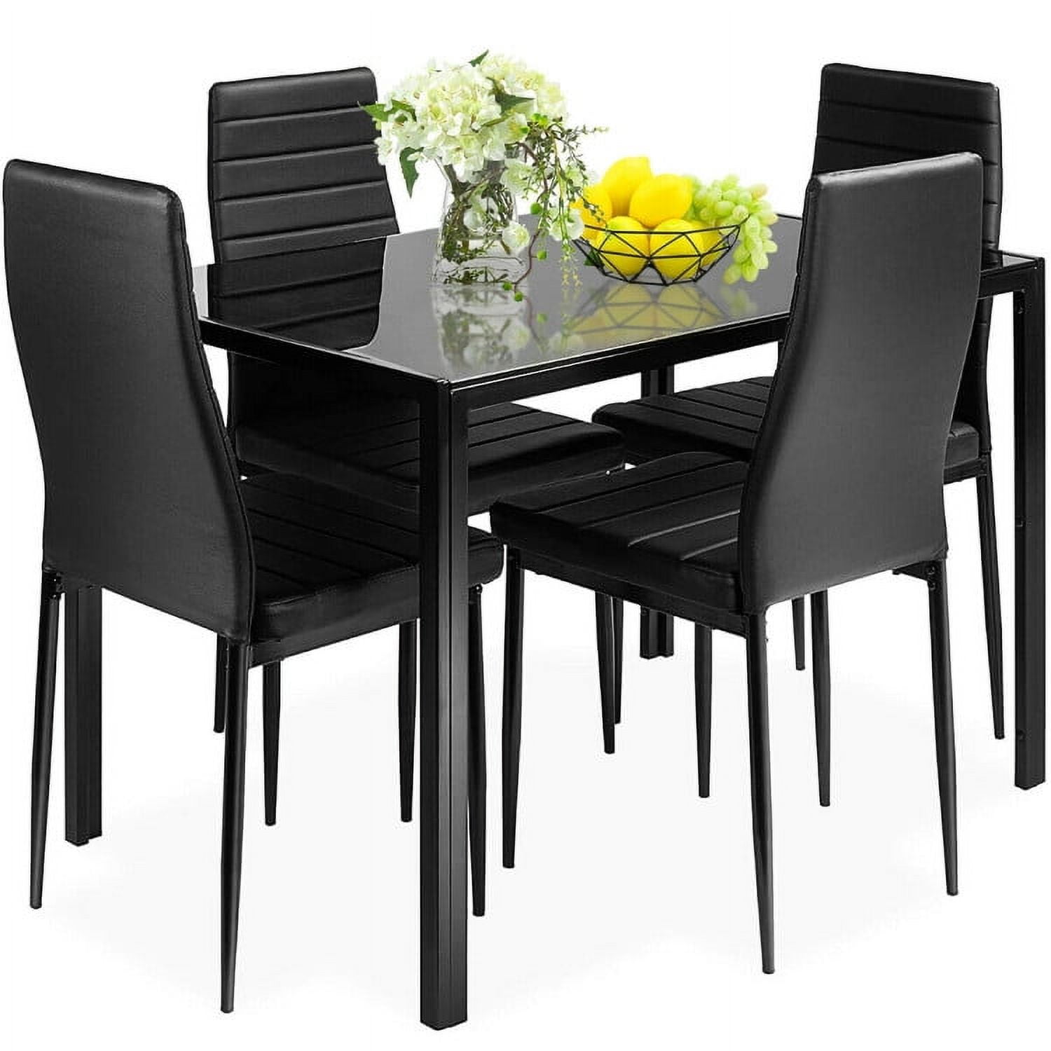 5-Piece Black Metal and Glass Dining Set with Tufted Chairs