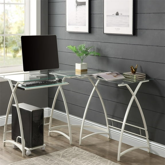 YYAo L Shaped Desk Computer Desk, Corner Desk in Clear Glass, Space-Saving Workstation Desk for Office, Living Home, Small Area, White