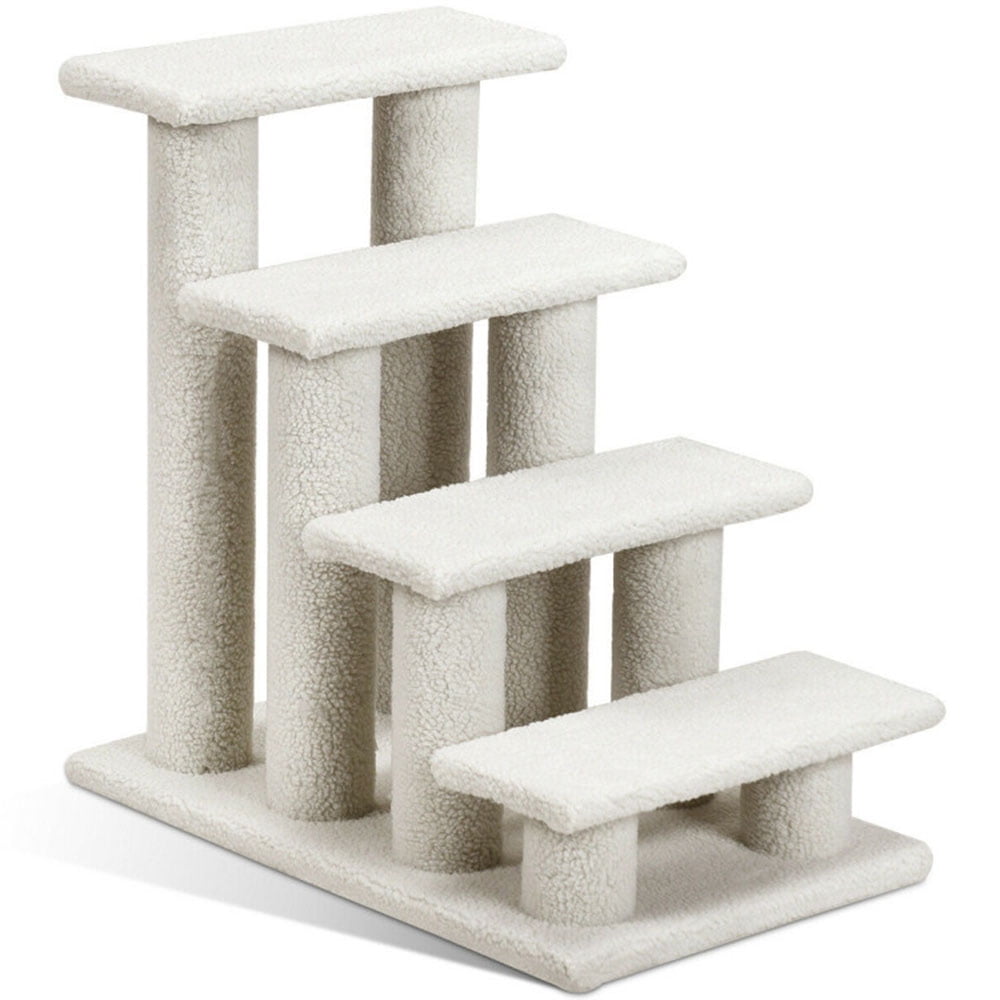 Beige Faux Fleece 4-Step Cat Stairs with Scratching Posts