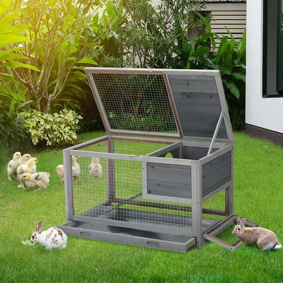 YYAo Large Rabbit Cage Indoor Outdoor Compartment Rabbit Cage with Ladder, Pull-Out Roof and Removable Tray, Gray