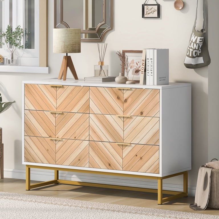 YYAo Large Storage 6 Drawer Dresser, Long Dresser with Metal Leg and Handle  for Bedroom, Living Room, Hallway, White+Natural - Walmart.com