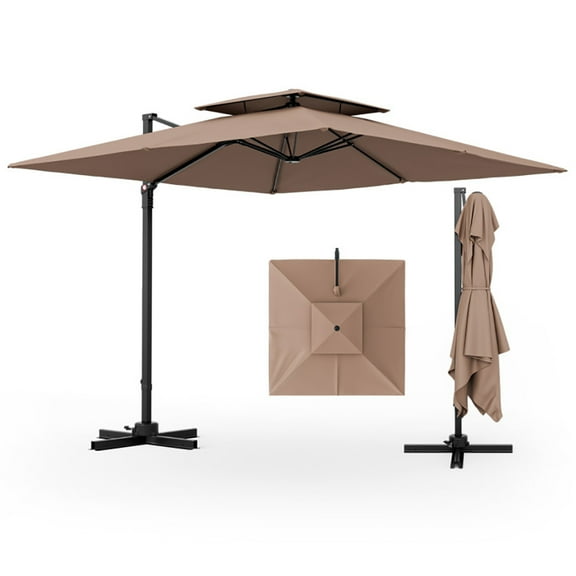 YYAo Large Sun Umbrella, Umbrella Canopy, 9.5 Feet Cantilever Patio Umbrella with 360° Rotation and Double Top-Coffee