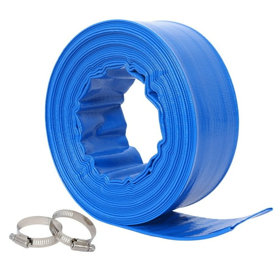 YYAo Lay Flat Water Discharge Hose,2"x 50 FT Pool Backwash Hose, Blue Heavy Duty Reinforced PVC Lay Flat Water Discharge Hose with 2 Clamp