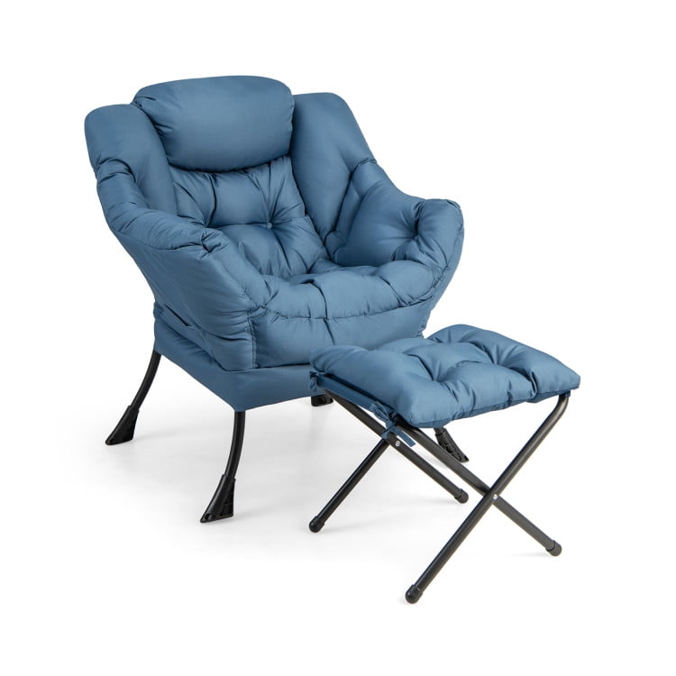Navy Blue Polyester Accent Chair with Foldable Footrest