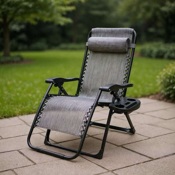 YYAo Lounge Chair, Folding Patio Recliner, Oversize Lounge Chair with Cup Holder of Heavy Duty for outdoor-Gray