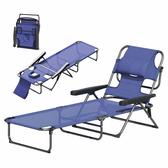 YYAo Lounge Chair Outdoor, Patio Lounge Chair,Folding Lounge Chair w/ Reclining Back, Navy Blue