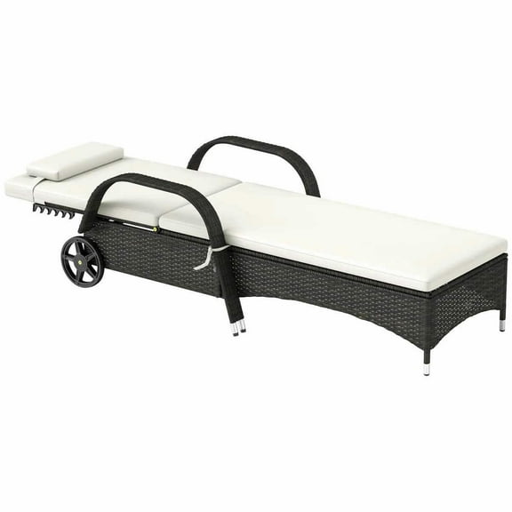 YYAo Lounge Chair Outdoor, Patio Lounge Chair,Outdoor Chaise Lounge, 5-Level Adjustable Backrest Rattan Pool Lounge Chair with Wheels, Cushion & Headrest, Cream