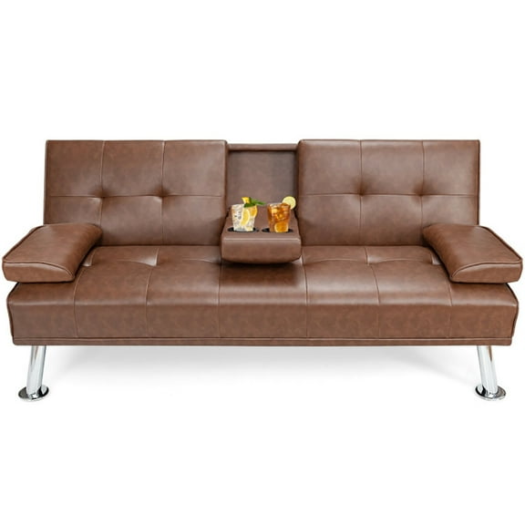 YYAo Loveseat Sofa Couches, Comfy Couch Soft Love Seats Sofa,Convertible Folding Leather Futon Sofa with Cup Holders and Armrests-Brown