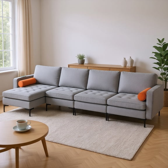 YYAo Loveseat Sofa Couches, Comfy Couch Soft Love Seats Sofa,Modular L-shaped 4-Seat Sectional Sofa with Reversible Chaise and 2 USB Ports-Gray