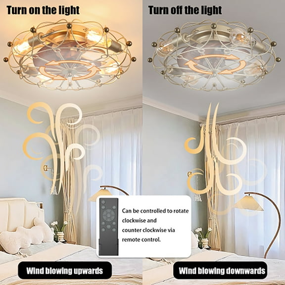 YYAo Low Profile Caged Ceiling Fan, Ceiling Chandeliers with Lights Remote Control, Embedded Industrial Ceiling Fan, Gold