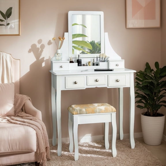 YYAo Makeup Dressing Table Modern Vanity Set， 5 Drawers Removable Box Makeup Dressing Vanity Set-White