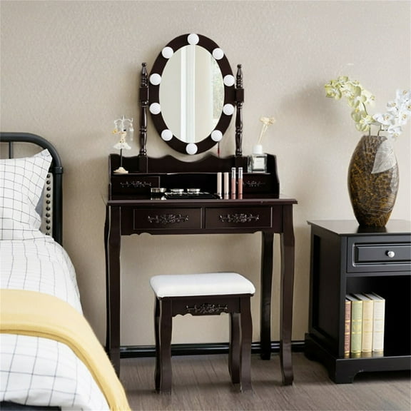 YYAo Makeup Dressing Table Modern Vanity Set, Makeup Dressing Table with Touch Switch Lighted Mirror and Cushioned Stool-Brown