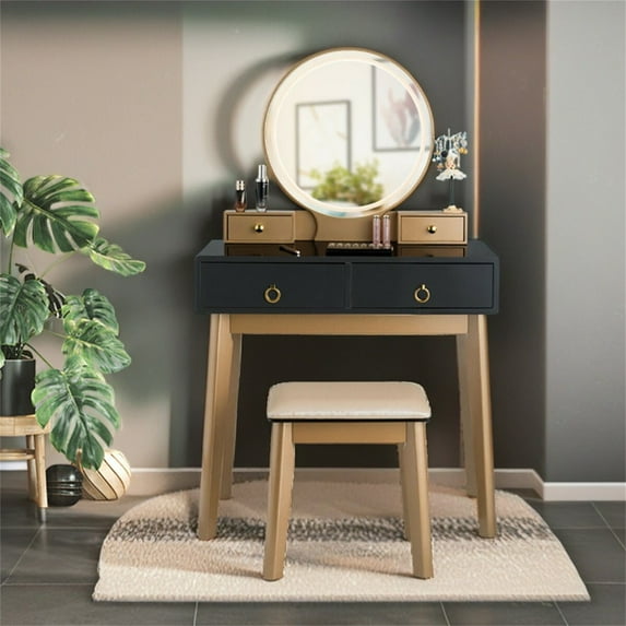 YYAo Makeup Dressing Table Modern Vanity Set, Makeup Vanity Table Set 3 Color Lighting Dressing Table-Black