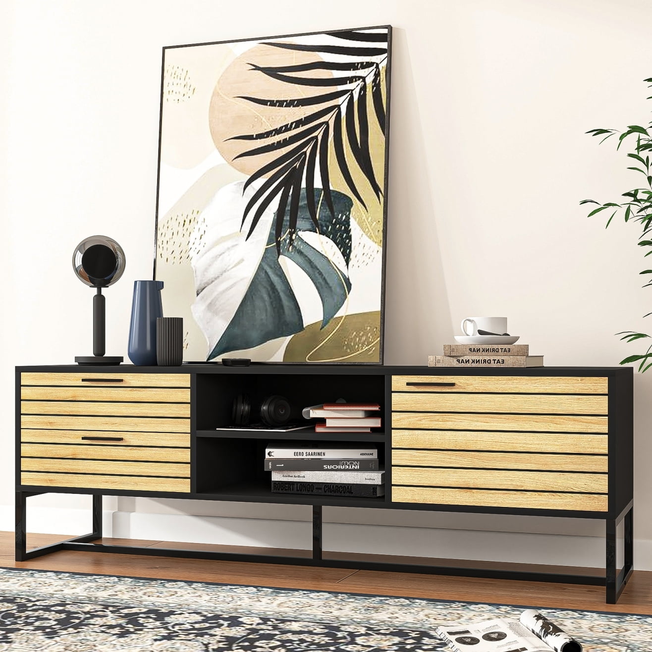YYAo Mid Century Modern 65" Door Shelf TV Stand, Wood Universal TV Stand with Storage Cabinets and 3 Drawer, Natural YYAo Mid Century Modern 65" Door Shelf TV Stand, Wood Universal TV Stand with Storage Cabinets and 3 Drawer, Natural