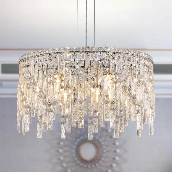 YYAo Modern Chandelier Light Fixtures, 24" Luxurious Round Silver Crystal Chandelier, Contemporary Rectangular Pendant Light for Dining Room(No Bulbs)