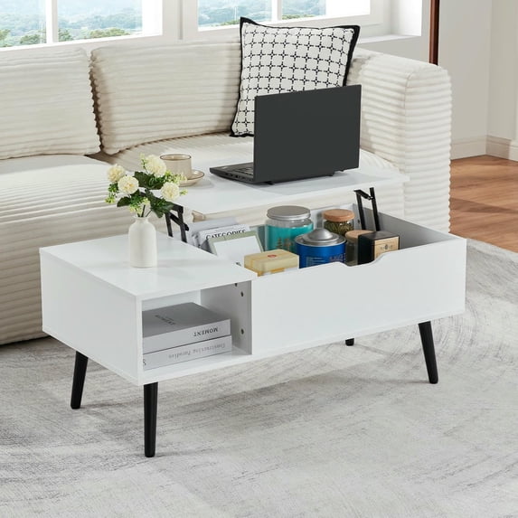 YYAo Modern Coffee Tables, Center Table,39" Wood Lift Top Coffee Table with Hidden Compartment and Storage Shelf, White