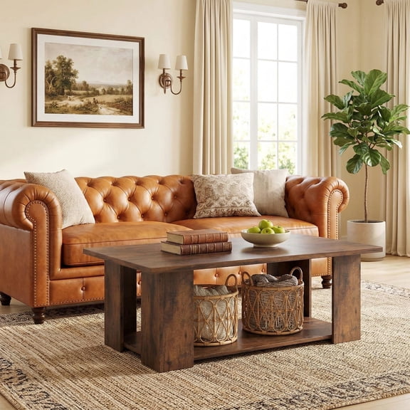 YYAo Modern Coffee Tables, Center Table,Large 36/41 Inch 2-tier Wooden Modern Coffee Table with Storage Shelf-Coffee