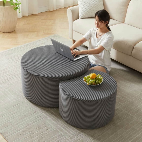 YYAo Modern Coffee Tables, Center Table,Nesting Coffee Table Set of 2,Upholstered Round Coffee Tables Set of 2 for Living Room, Gray